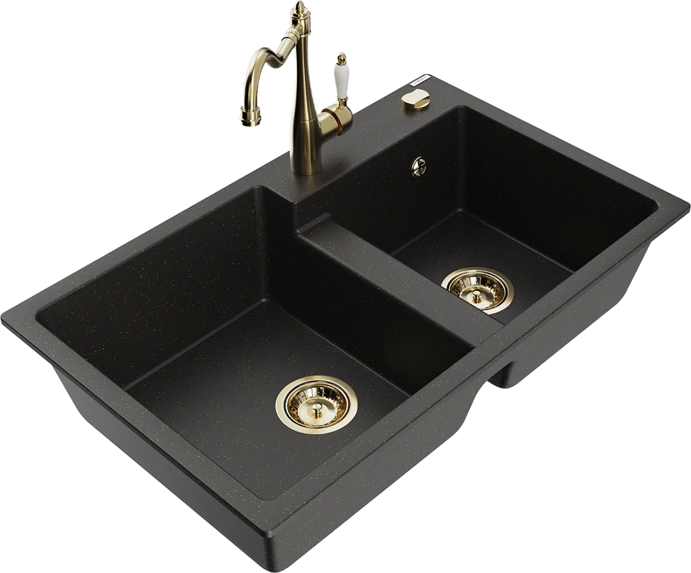 Granitinė virtuvinė plautuvė Mexen Tomas su maišytuvu ir sifonu, Metallic juodas/auksinis+Gold