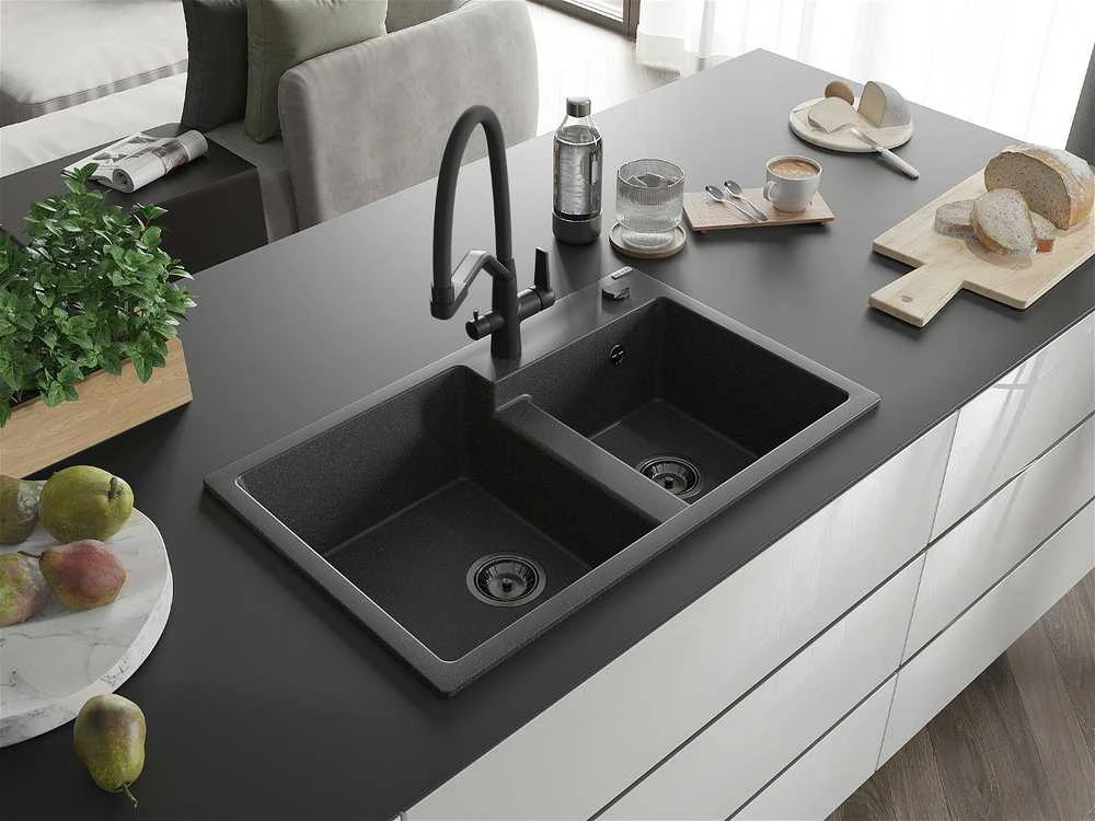 Granitinė virtuvinė plautuvė Mexen Tomas su maišytuvu ir sifonu, Juodas granite+Juodas