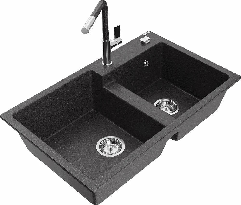 Granitinė virtuvinė plautuvė Mexen Tomas su maišytuvu ir sifonu, Juodas granite+Juodas granite/Chrome
