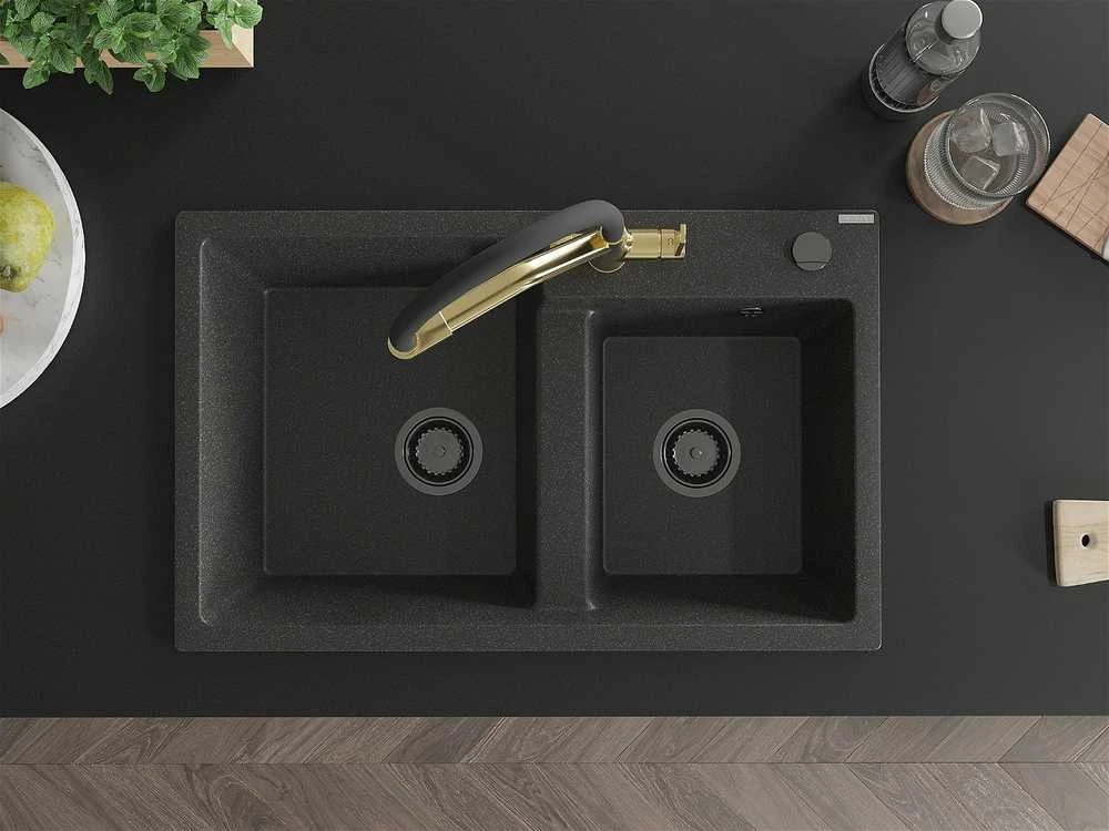 Granitinė virtuvinė plautuvė Mexen Tomas su maišytuvu ir sifonu, Juodas granite+Juodas/Gold