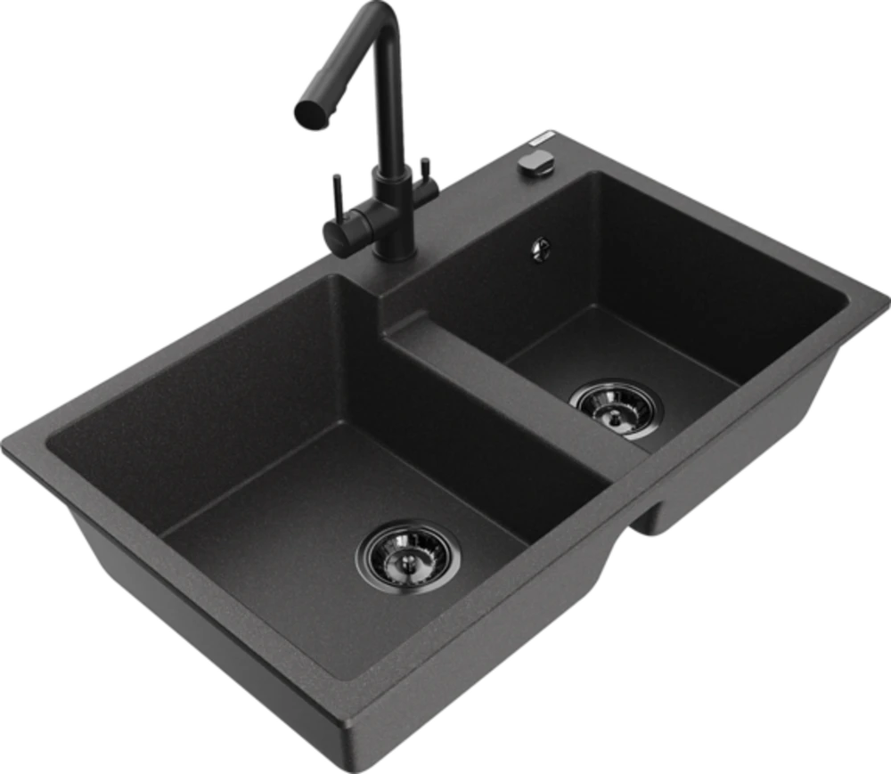 Granitinė virtuvinė plautuvė Mexen Tomas su maišytuvu ir sifonu, Juodas granite+Juodas(B)