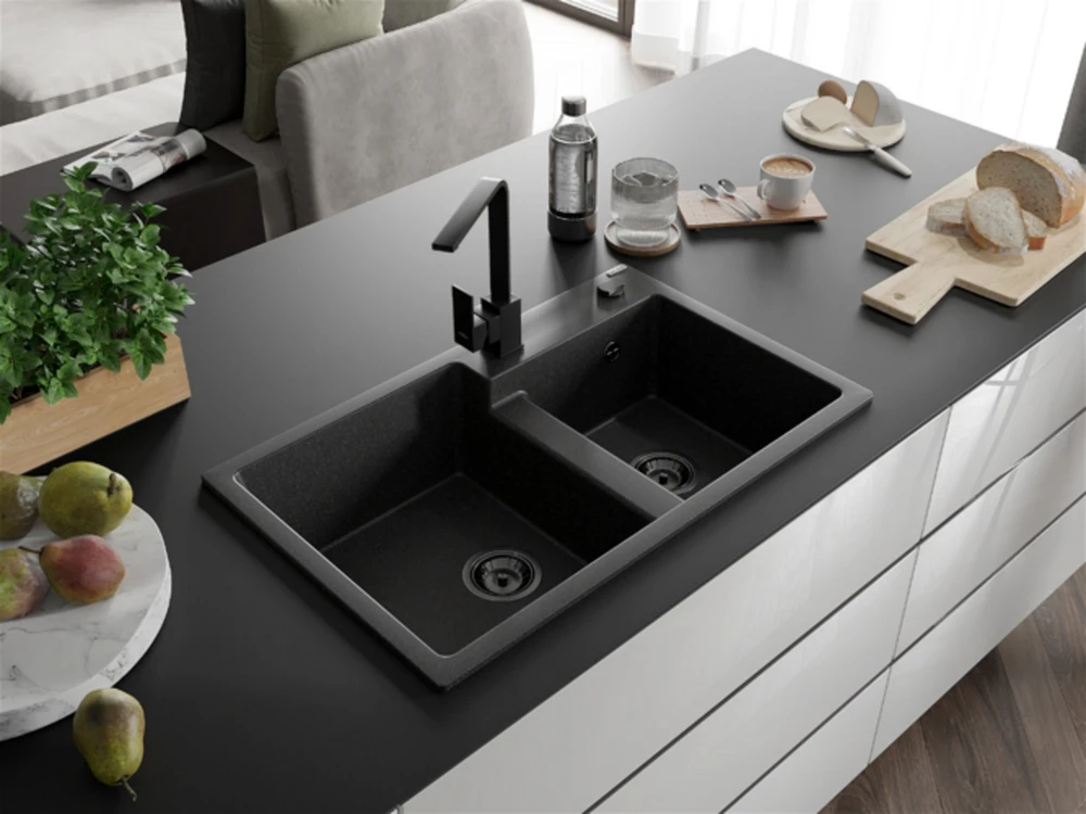 Granitinė virtuvinė plautuvė Mexen Tomas su maišytuvu ir sifonu, Juodas granite+Juodas(B)