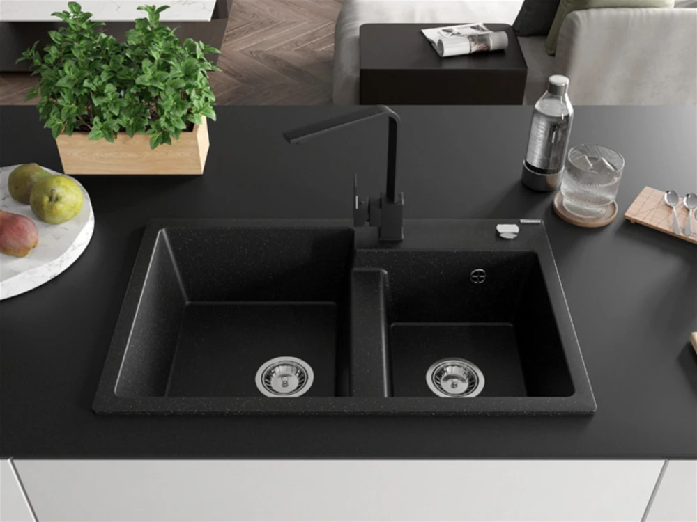 Granitinė virtuvinė plautuvė Mexen Tomas su maišytuvu ir sifonu, Metallic juodas/sidabrinis+Juodas