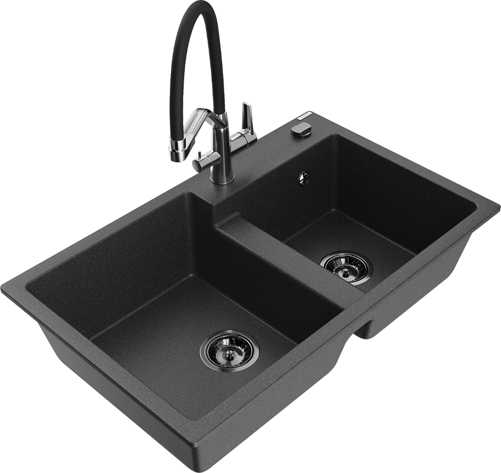 Granitinė virtuvinė plautuvė Mexen Tomas su maišytuvu ir sifonu, Juodas granite+Juodas/Chrome