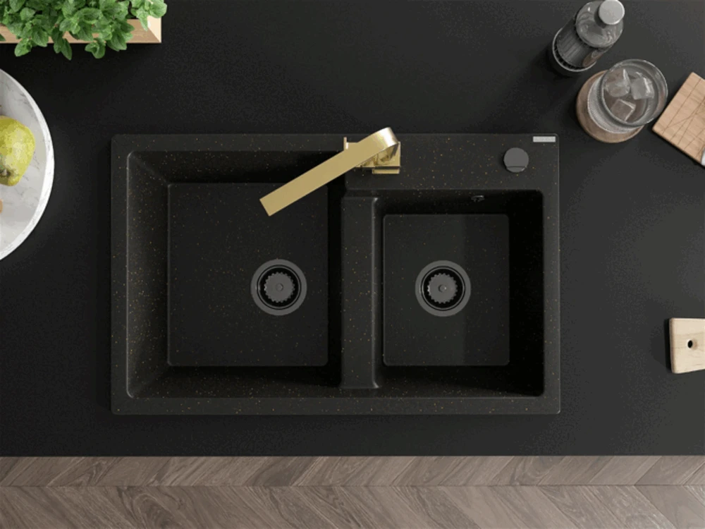 Granitinė virtuvinė plautuvė Mexen Tomas su maišytuvu ir sifonu, Metallic juodas/auksinis+Gold(B)