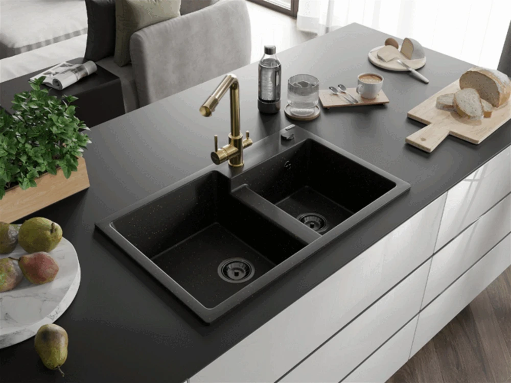 Granitinė virtuvinė plautuvė Mexen Tomas su maišytuvu ir sifonu, Metallic juodas/auksinis+Gold(B)