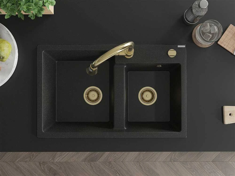 Granitinė virtuvinė plautuvė Mexen Tomas su maišytuvu ir sifonu, Metallic juodas/sidabrinis+Gold