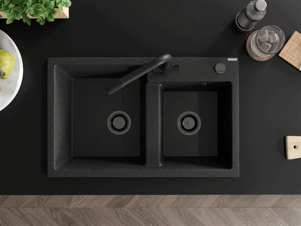 Granitinė virtuvinė plautuvė Mexen Tomas su maišytuvu ir sifonu, Juodas granite+Juodas(B)