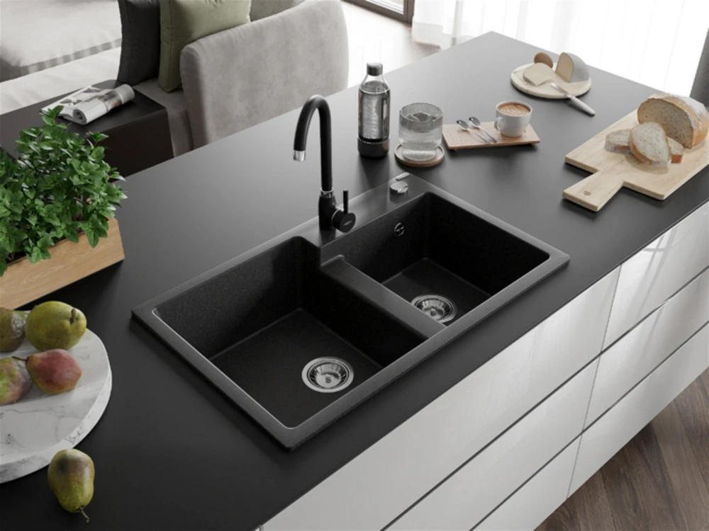 Granitinė virtuvinė plautuvė Mexen Tomas su maišytuvu ir sifonu, Juodas granite+Juodas
