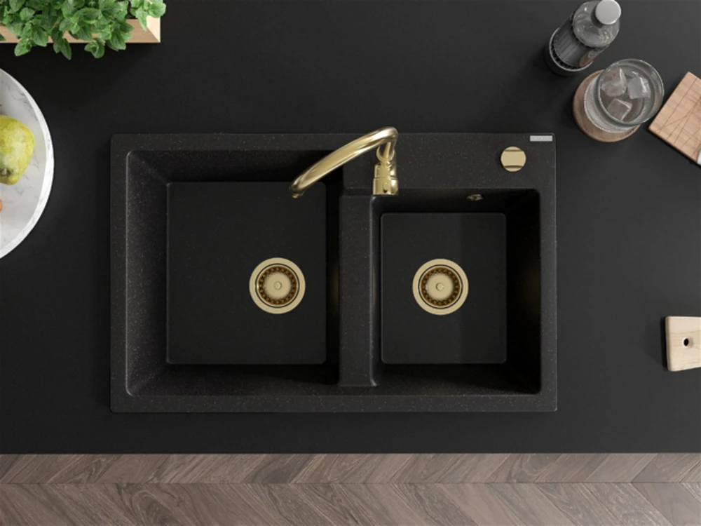 Granitinė virtuvinė plautuvė Mexen Tomas su maišytuvu ir sifonu, Metallic juodas/sidabrinis+Gold