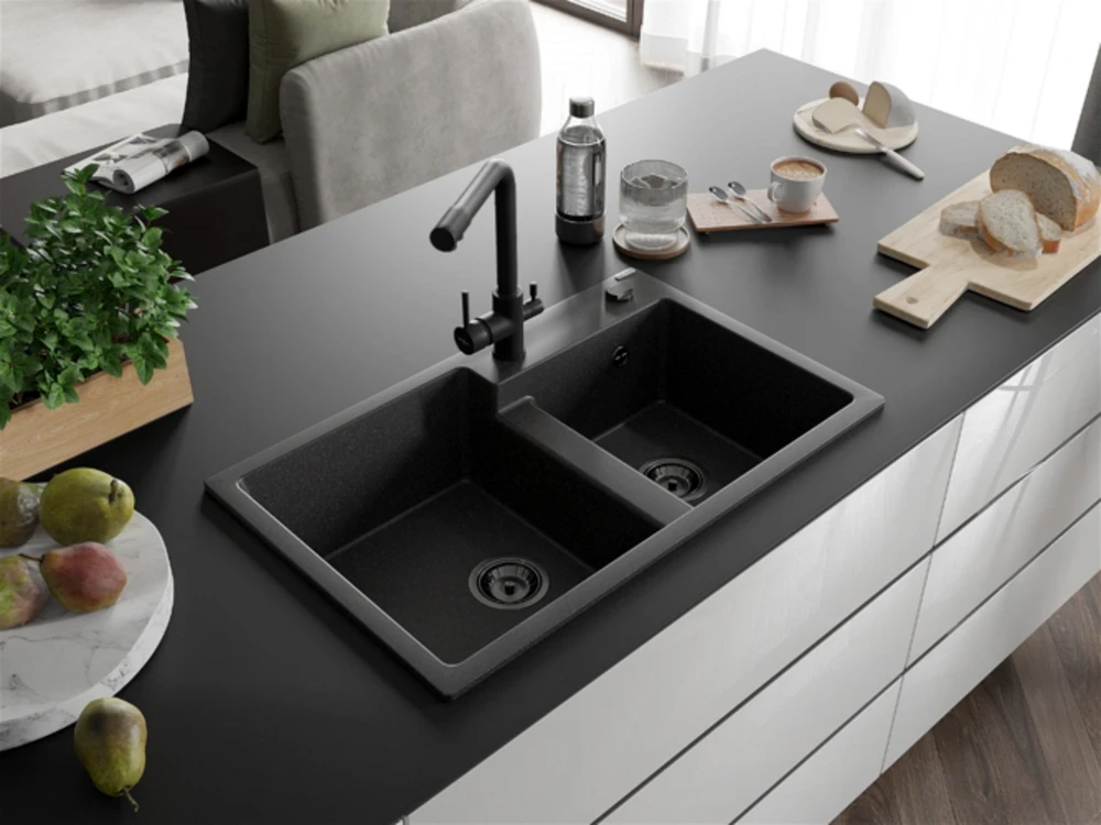Granitinė virtuvinė plautuvė Mexen Tomas su maišytuvu ir sifonu, Juodas granite+Juodas(B)