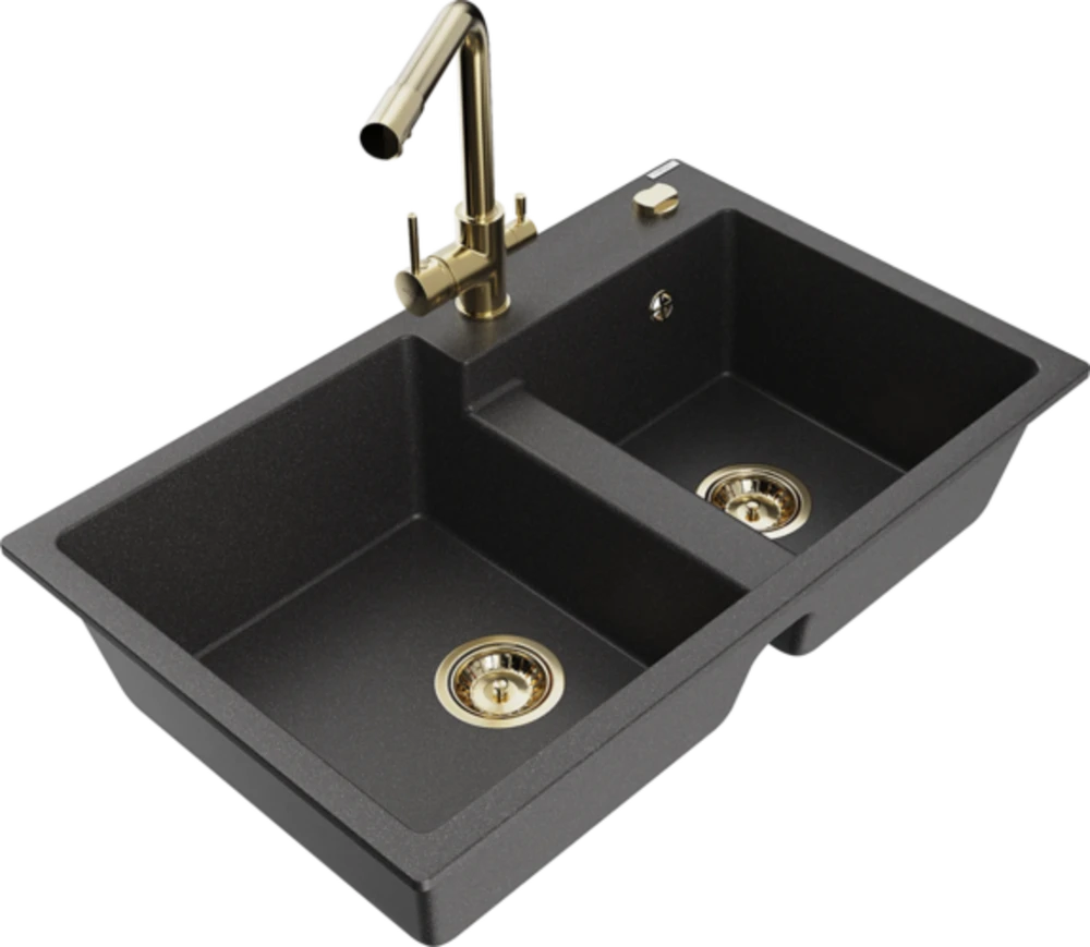 Granitinė virtuvinė plautuvė Mexen Tomas su maišytuvu ir sifonu, Juodas granite+Gold
