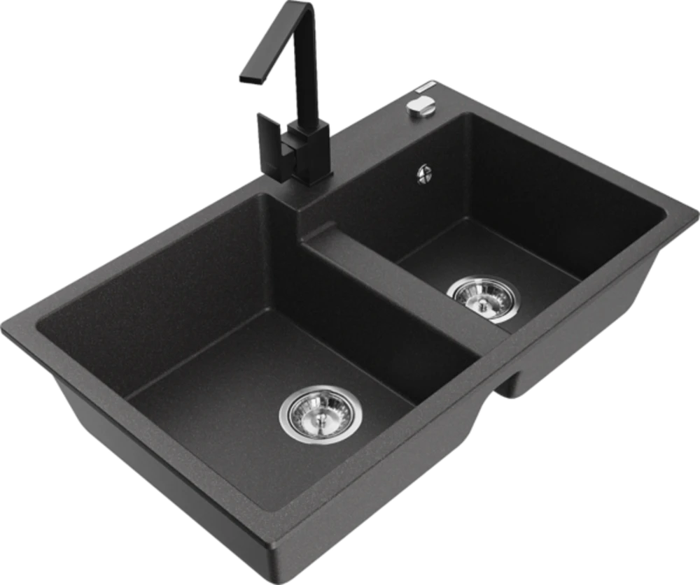 Granitinė virtuvinė plautuvė Mexen Tomas su maišytuvu ir sifonu, Juodas granite+Juodas