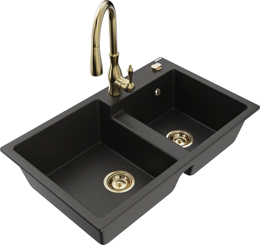 Granitinė virtuvinė plautuvė Mexen Tomas su maišytuvu ir sifonu, Metallic juodas/auksinis+Gold