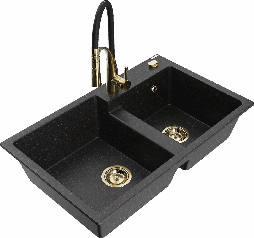 Granitinė virtuvinė plautuvė Mexen Tomas su maišytuvu ir sifonu, Metallic juodas/sidabrinis+Juodas/Gold