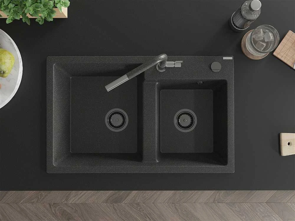 Granitinė virtuvinė plautuvė Mexen Tomas su maišytuvu ir sifonu, Juodas granite+Juodas granite/Chrome