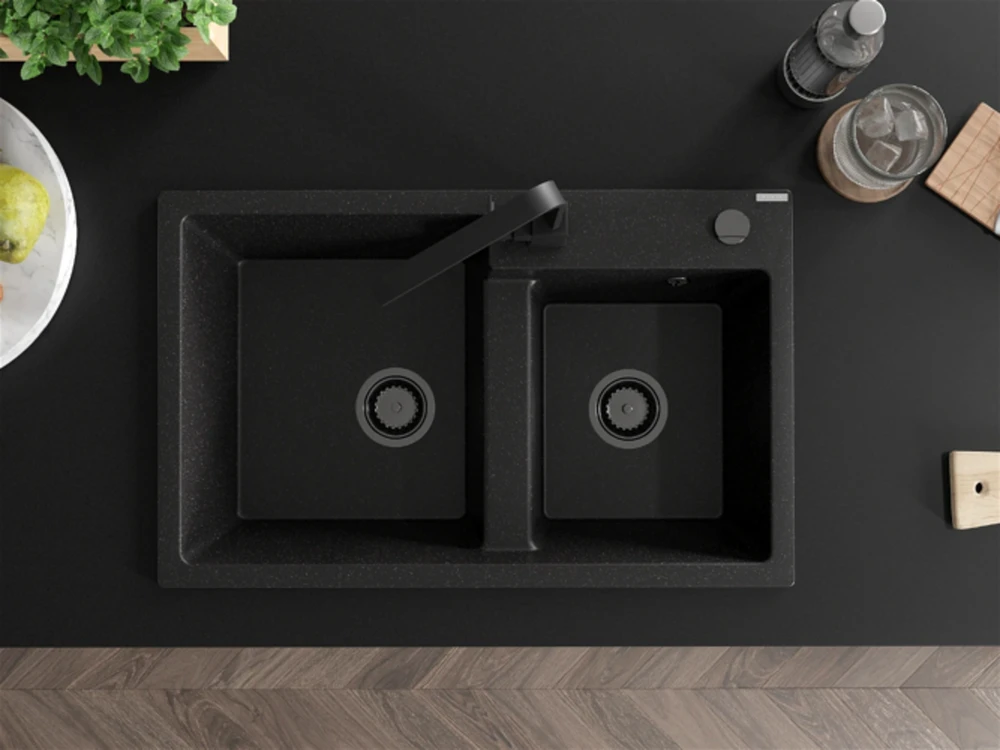 Granitinė virtuvinė plautuvė Mexen Tomas su maišytuvu ir sifonu, Metallic juodas/sidabrinis+Juodas(B)