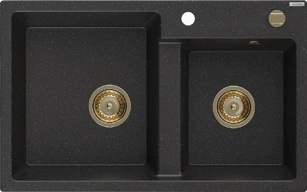 Granitinė virtuvinė plautuvė Mexen Tomas su sifonu, Metallic Juodas/Sidabrinis+Gold, 800 x 500 mm