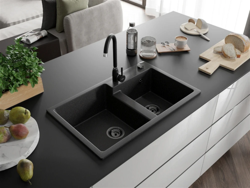 Granitinė virtuvinė plautuvė Mexen Tomas su maišytuvu ir sifonu, Juodas granite+Juodas(B)