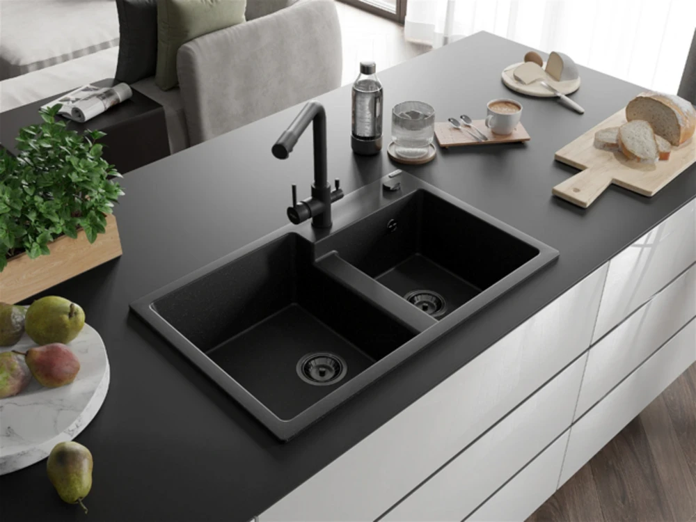 Granitinė virtuvinė plautuvė Mexen Tomas su maišytuvu ir sifonu, Metallic juodas/sidabrinis+Juodas(B)