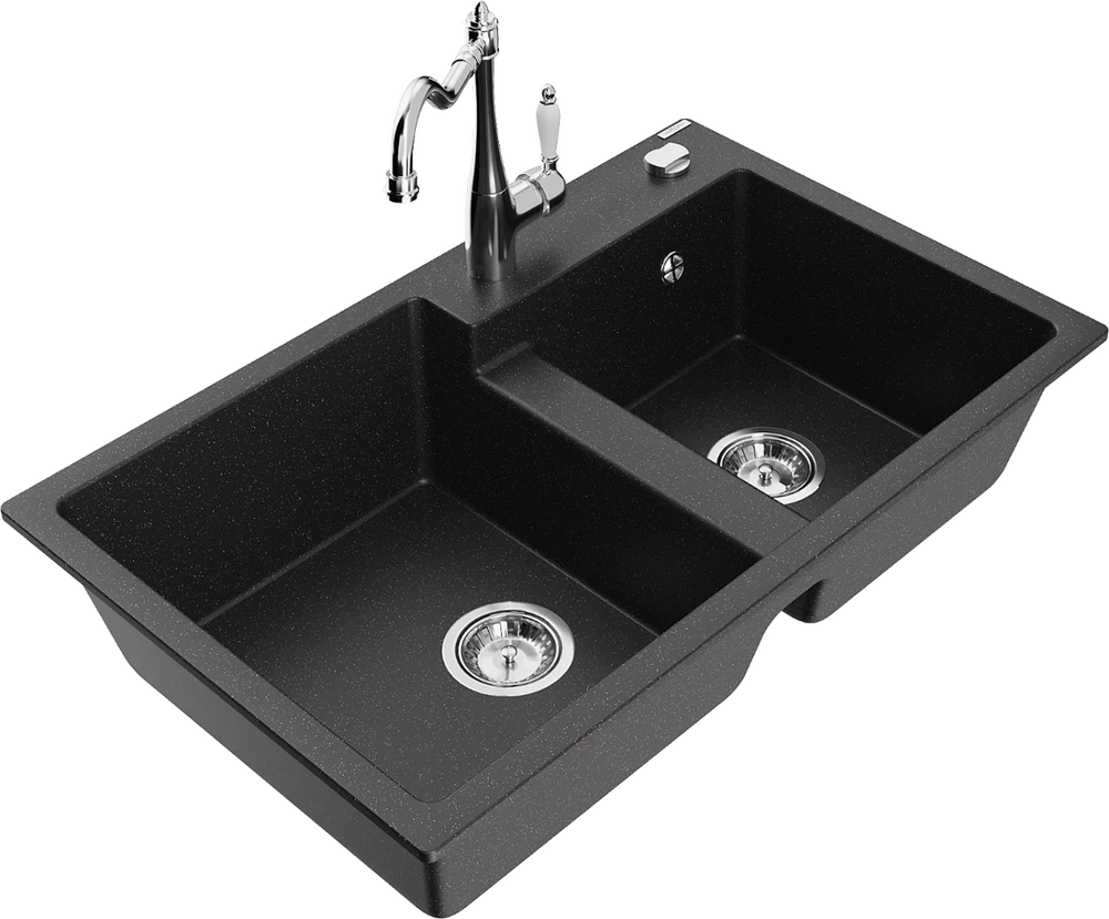 Granitinė virtuvinė plautuvė Mexen Tomas su maišytuvu ir sifonu, Metallic juodas/sidabrinis+Chrome