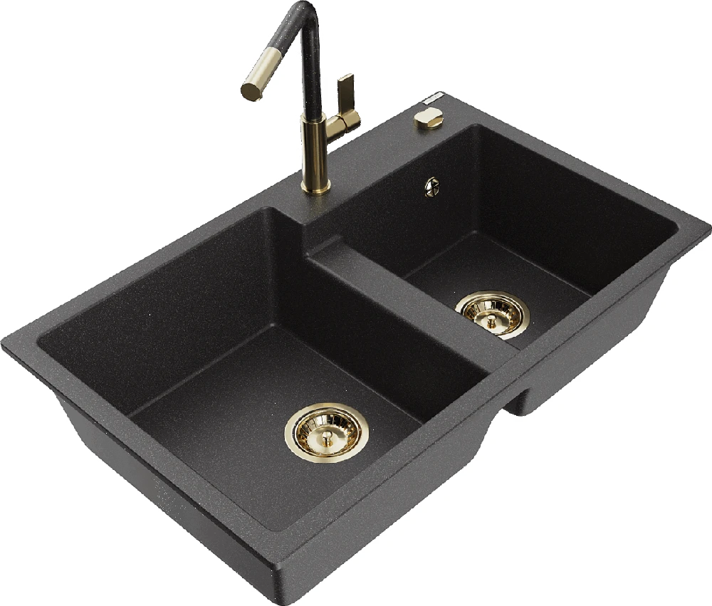 Granitinė virtuvinė plautuvė Mexen Tomas su maišytuvu ir sifonu, Juodas granite+Juodas granite/Gold