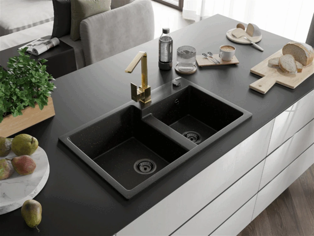 Granitinė virtuvinė plautuvė Mexen Tomas su maišytuvu ir sifonu, Metallic juodas/auksinis+Gold(B)