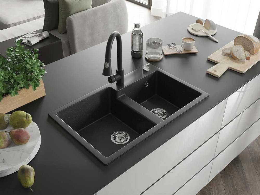 Granitinė virtuvinė plautuvė Mexen Tomas su maišytuvu ir sifonu, Metallic juodas/sidabrinis+Juodas
