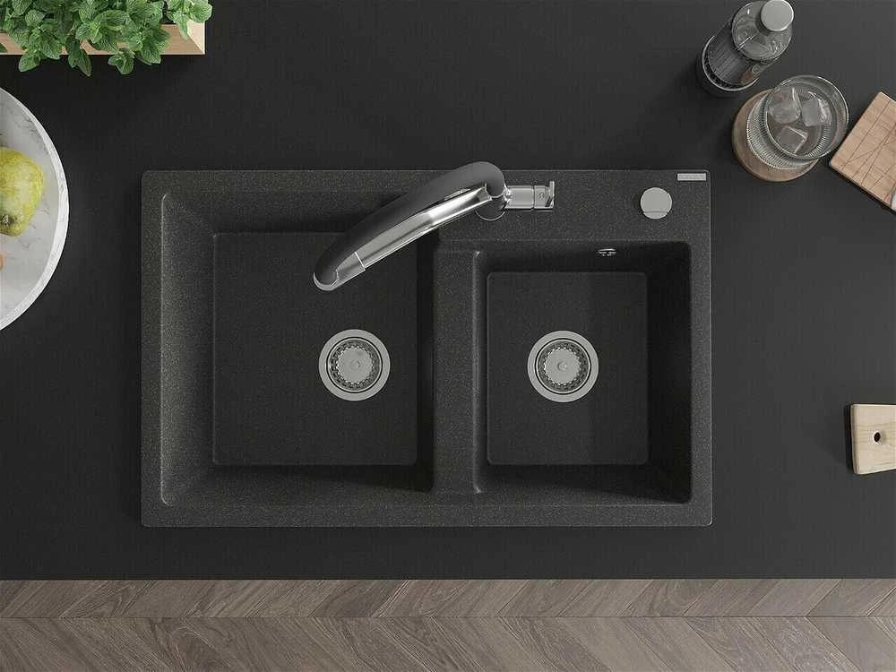 Granitinė virtuvinė plautuvė Mexen Tomas su maišytuvu ir sifonu, Juodas granite+Juodas/Chrome