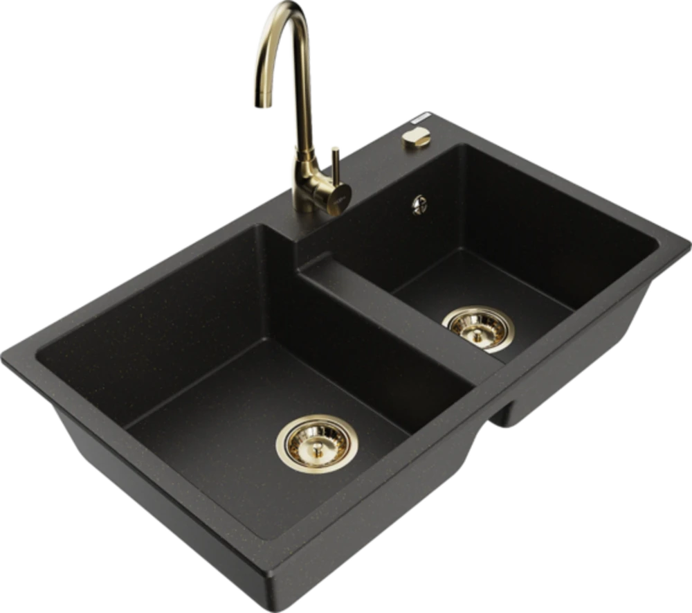 Granitinė virtuvinė plautuvė Mexen Tomas su maišytuvu ir sifonu, Metallic juodas/auksinis+Gold