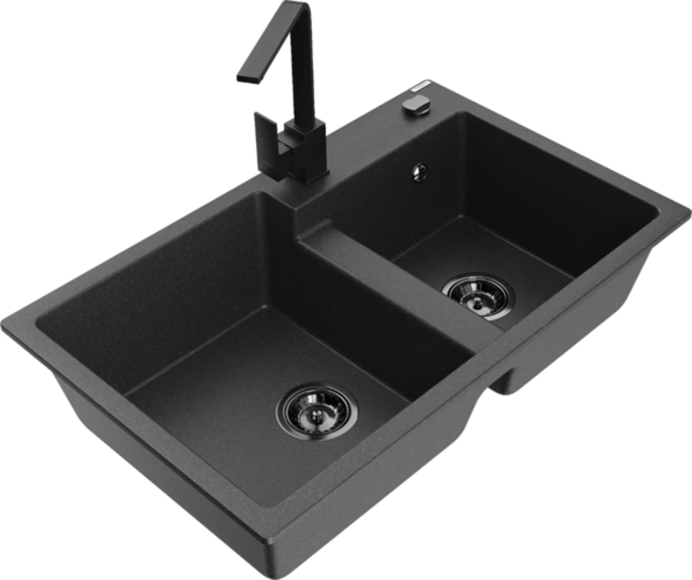 Granitinė virtuvinė plautuvė Mexen Tomas su maišytuvu ir sifonu, Juodas granite+Juodas(B)