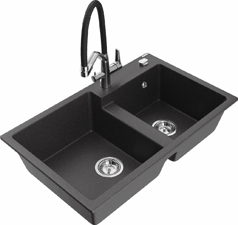 Granitinė virtuvinė plautuvė Mexen Tomas su maišytuvu ir sifonu, Juodas granite+Juodas/Chrome