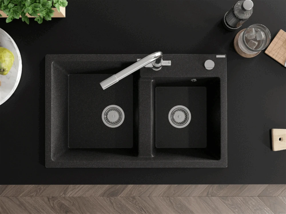 Granitinė virtuvinė plautuvė Mexen Tomas su maišytuvu ir sifonu, Juodas granite+Chrome
