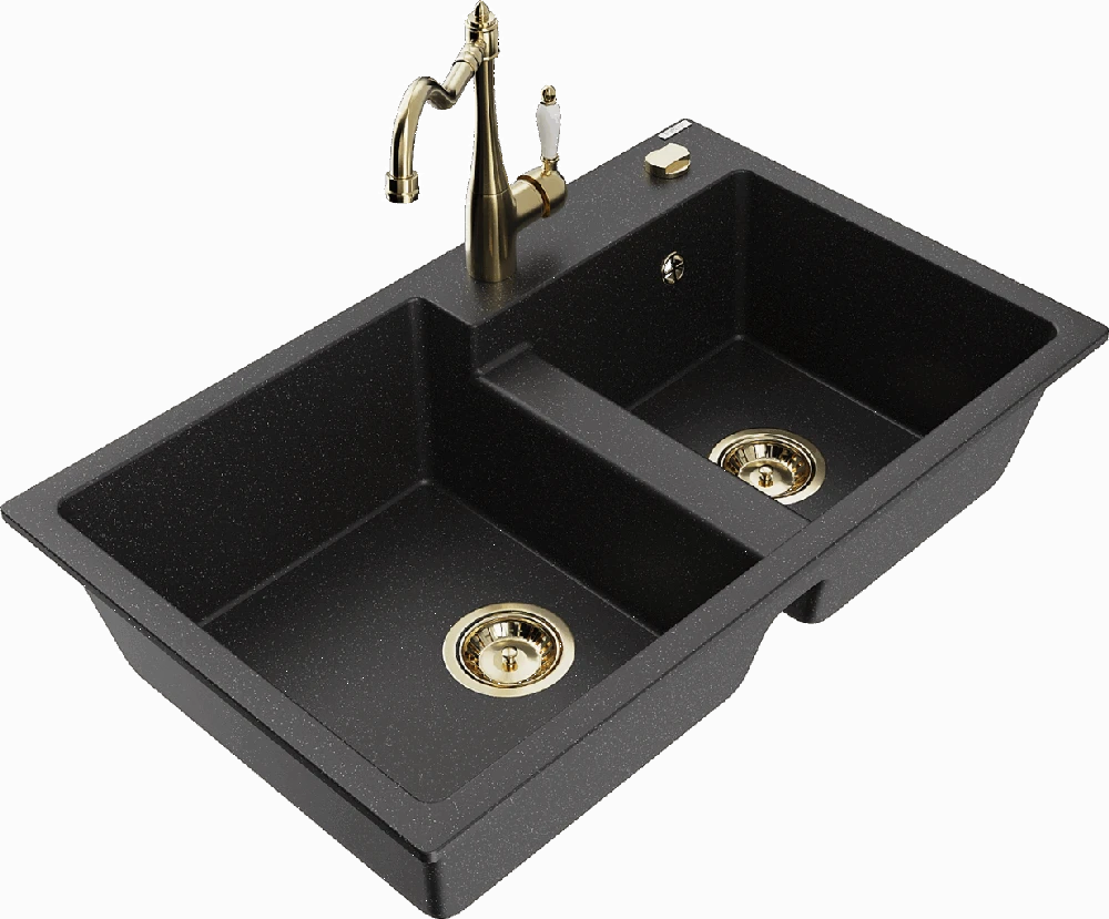 Granitinė virtuvinė plautuvė Mexen Tomas su maišytuvu ir sifonu, Metallic juodas/sidabrinis+Gold