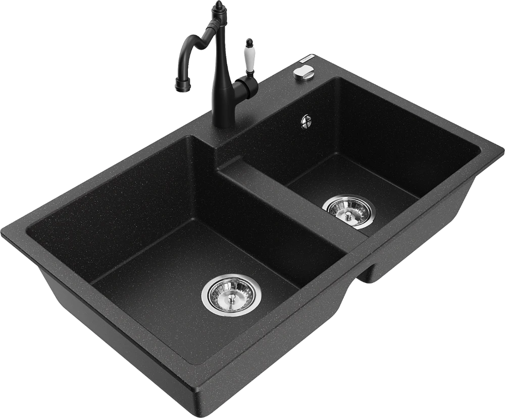 Granitinė virtuvinė plautuvė Mexen Tomas su maišytuvu ir sifonu, Metallic juodas/sidabrinis+Juodas