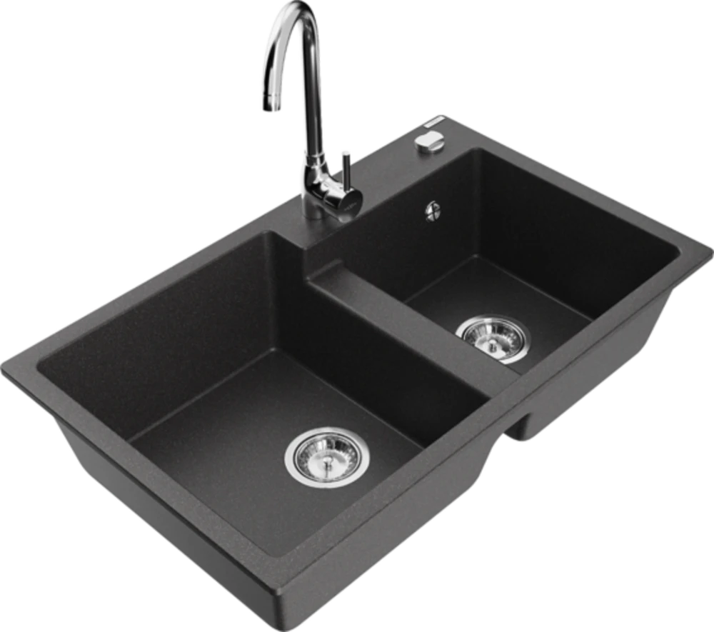 Granitinė virtuvinė plautuvė Mexen Tomas su maišytuvu ir sifonu, Juodas granite+Chrome