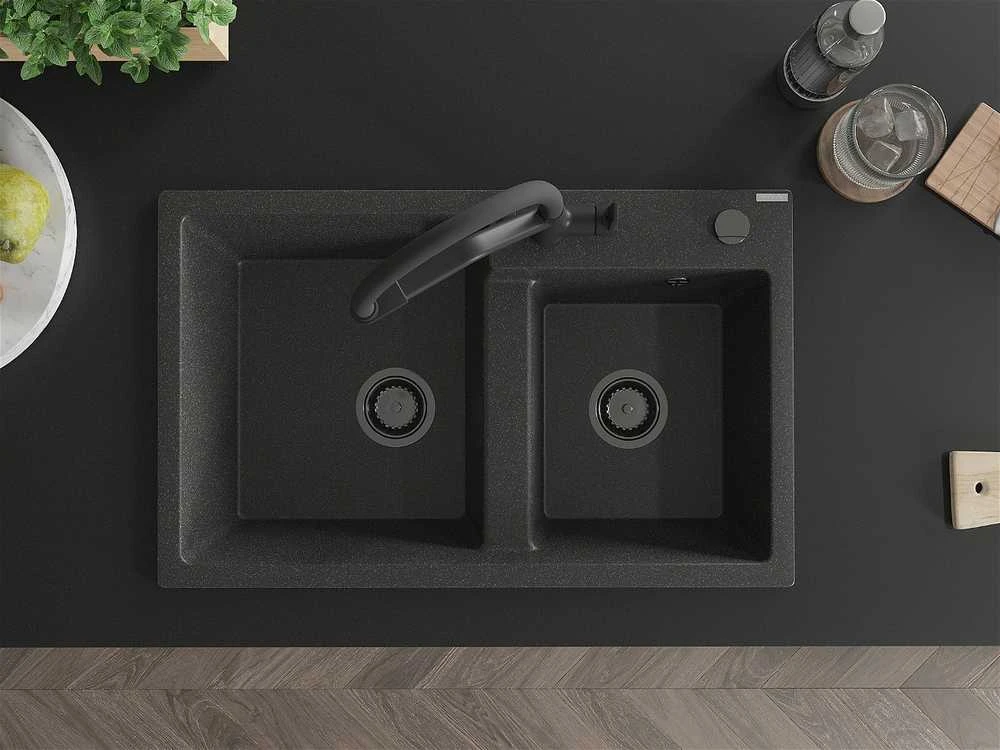 Granitinė virtuvinė plautuvė Mexen Tomas su maišytuvu ir sifonu, Juodas granite+Juodas