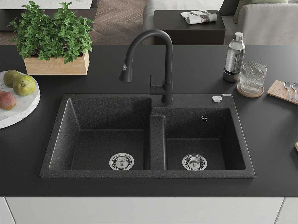 Granitinė virtuvinė plautuvė Mexen Tomas su maišytuvu ir sifonu, Juodas granite+Juodas