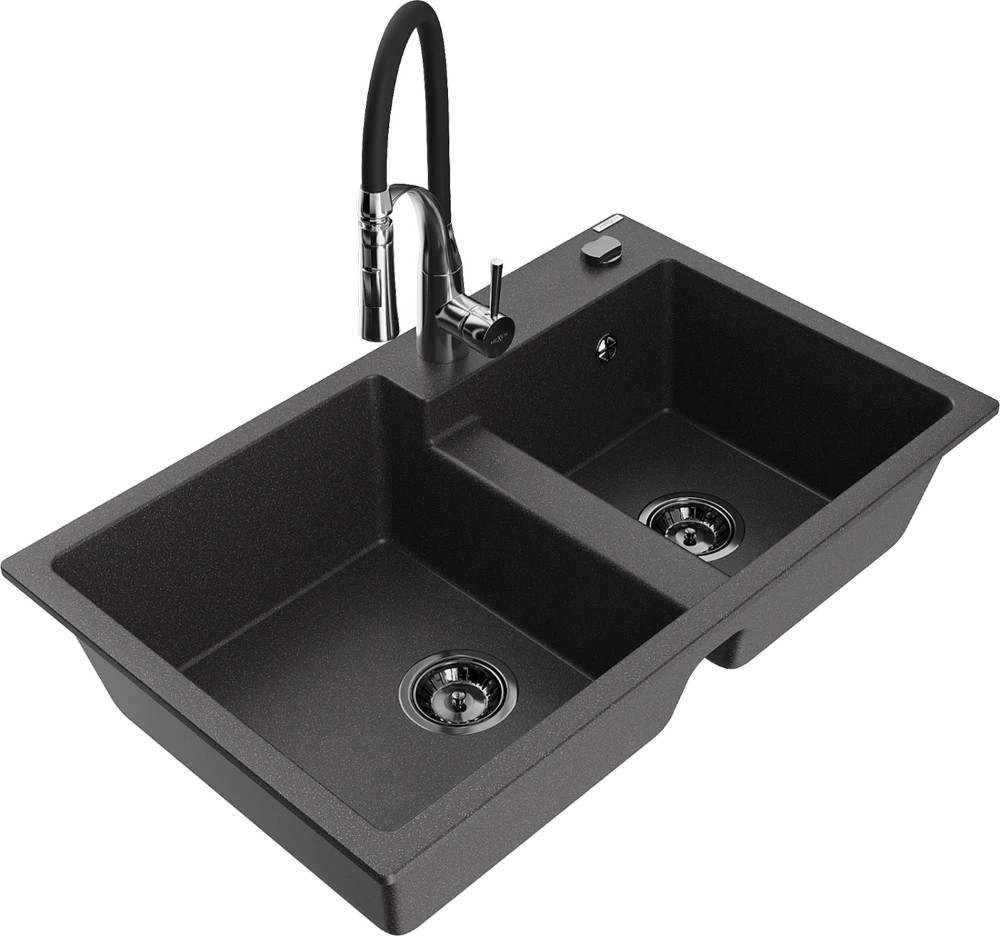 Granitinė virtuvinė plautuvė Mexen Tomas su maišytuvu ir sifonu, Juodas granite+Juodas/Chrome