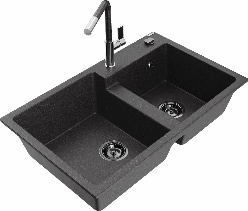 Granitinė virtuvinė plautuvė Mexen Tomas su maišytuvu ir sifonu, Juodas granite+Juodas granite/Chrome