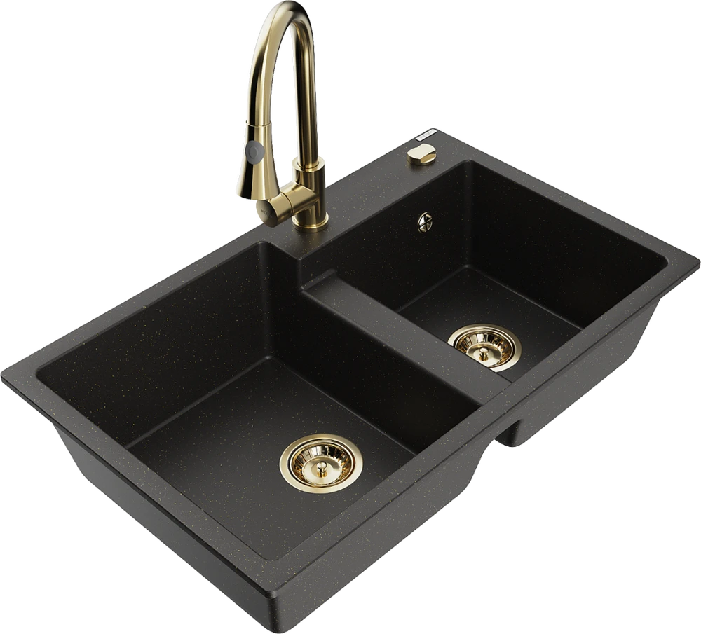 Granitinė virtuvinė plautuvė Mexen Tomas su maišytuvu ir sifonu, Metallic juodas/auksinis+Gold