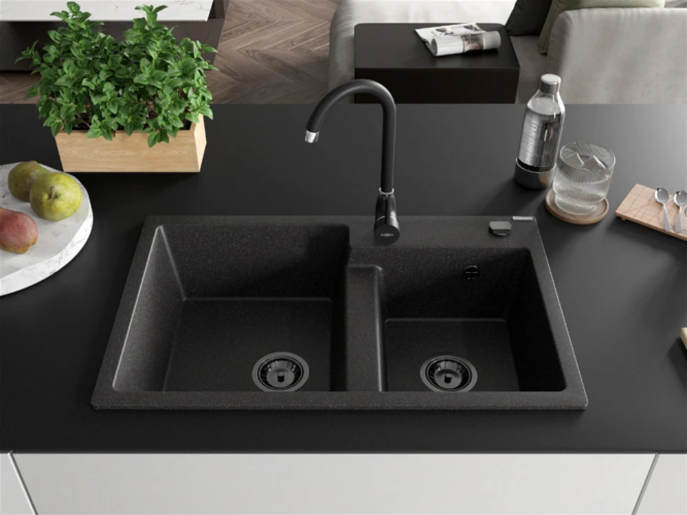 Granitinė virtuvinė plautuvė Mexen Tomas su maišytuvu ir sifonu, Juodas granite+Juodas(B)