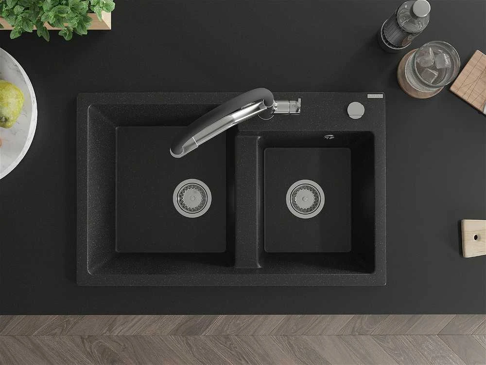 Granitinė virtuvinė plautuvė Mexen Tomas su maišytuvu ir sifonu, Metallic juodas/sidabrinis+Juodas/Chrome