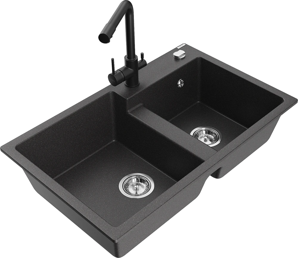 Granitinė virtuvinė plautuvė Mexen Tomas su maišytuvu ir sifonu, Juodas granite+Juodas