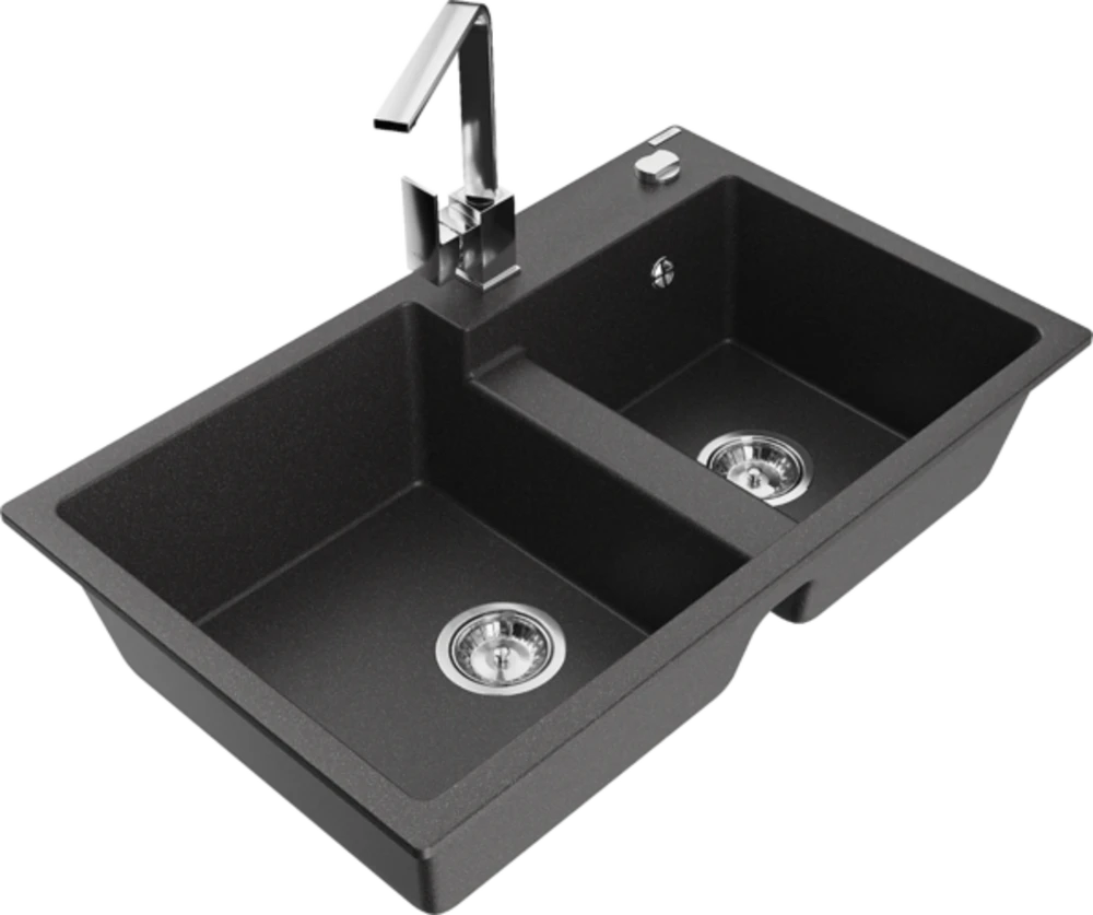 Granitinė virtuvinė plautuvė Mexen Tomas su maišytuvu ir sifonu, Juodas granite+Chrome
