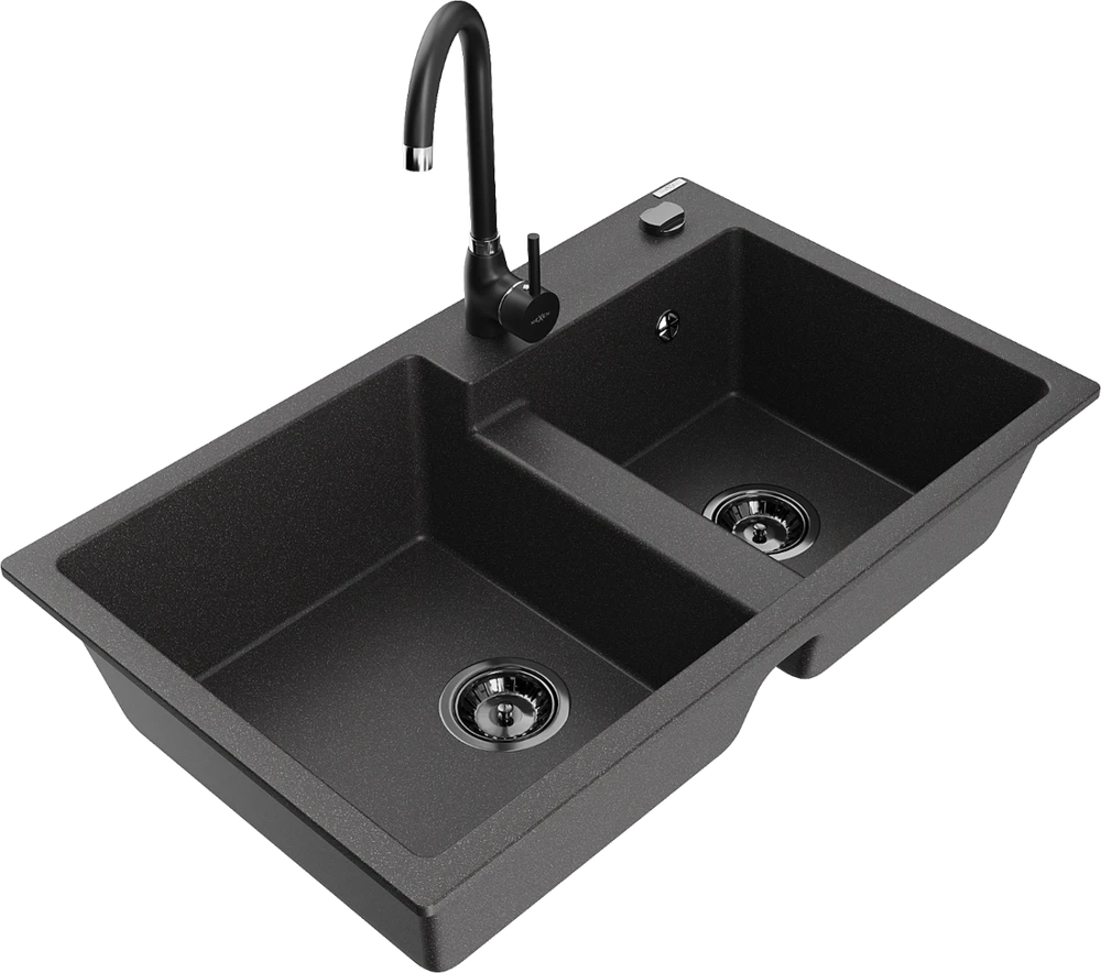 Granitinė virtuvinė plautuvė Mexen Tomas su maišytuvu ir sifonu, Juodas granite+Juodas(B)