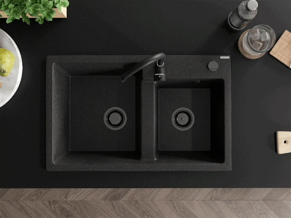 Granitinė virtuvinė plautuvė Mexen Tomas su maišytuvu ir sifonu, Juodas granite+Juodas(B)