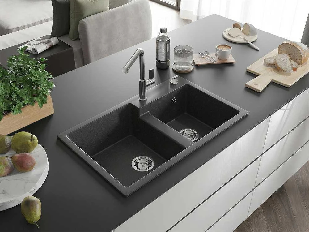Granitinė virtuvinė plautuvė Mexen Tomas su maišytuvu ir sifonu, Juodas granite+Chrome