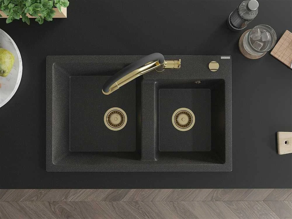 Granitinė virtuvinė plautuvė Mexen Tomas su maišytuvu ir sifonu, Juodas granite+Juodas/Gold