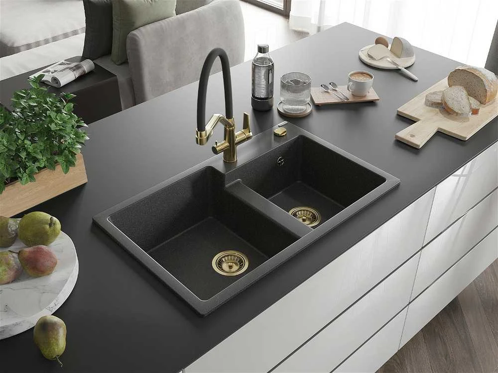 Granitinė virtuvinė plautuvė Mexen Tomas su maišytuvu ir sifonu, Juodas granite+Juodas/Gold